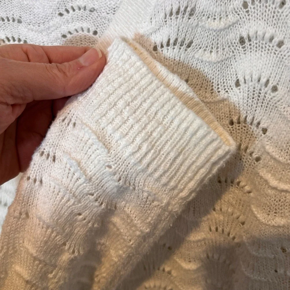Talbots Womens Pointelle Lightweight Open Knit Sweater White‎ Cottagecore Medium